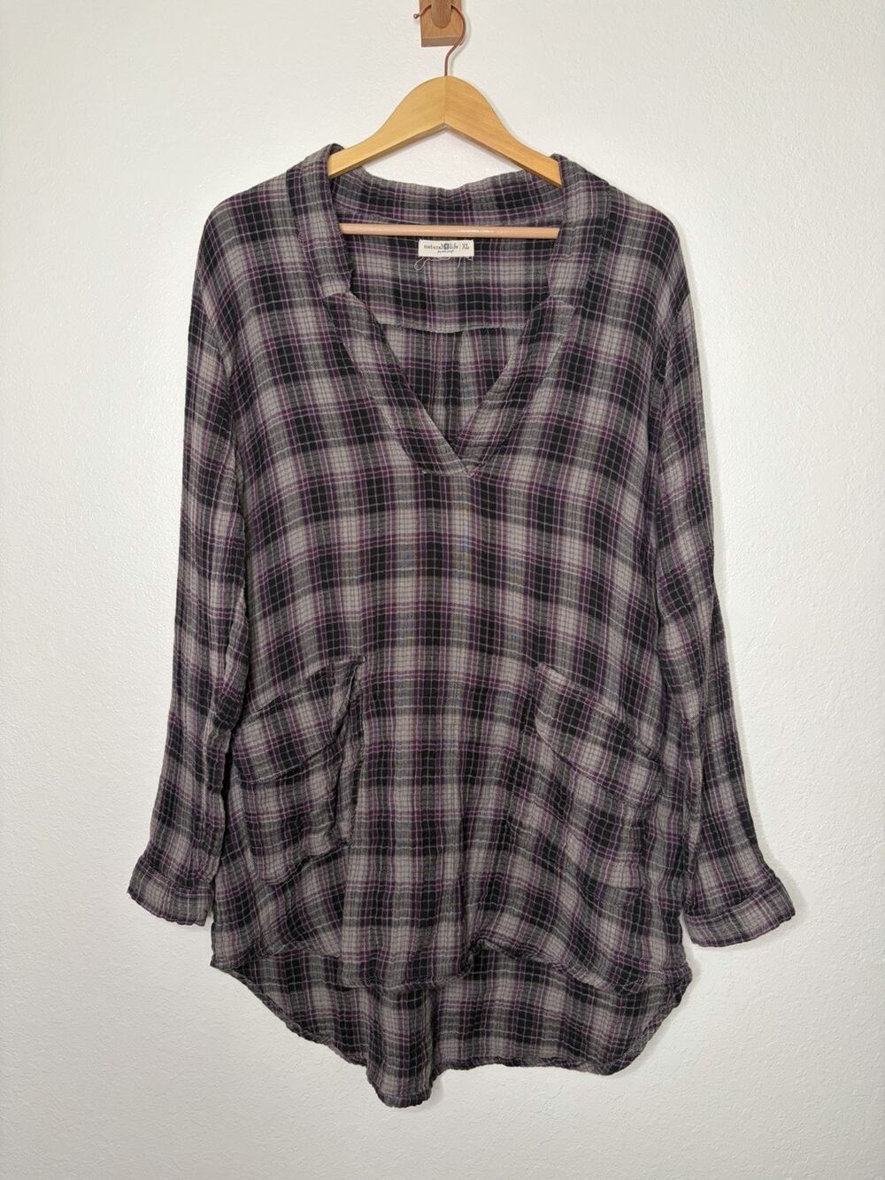 Natural Life Purple Plaid Gauzy V-Neck Tunic Long Sleeve Top Size XL Cotton Boho